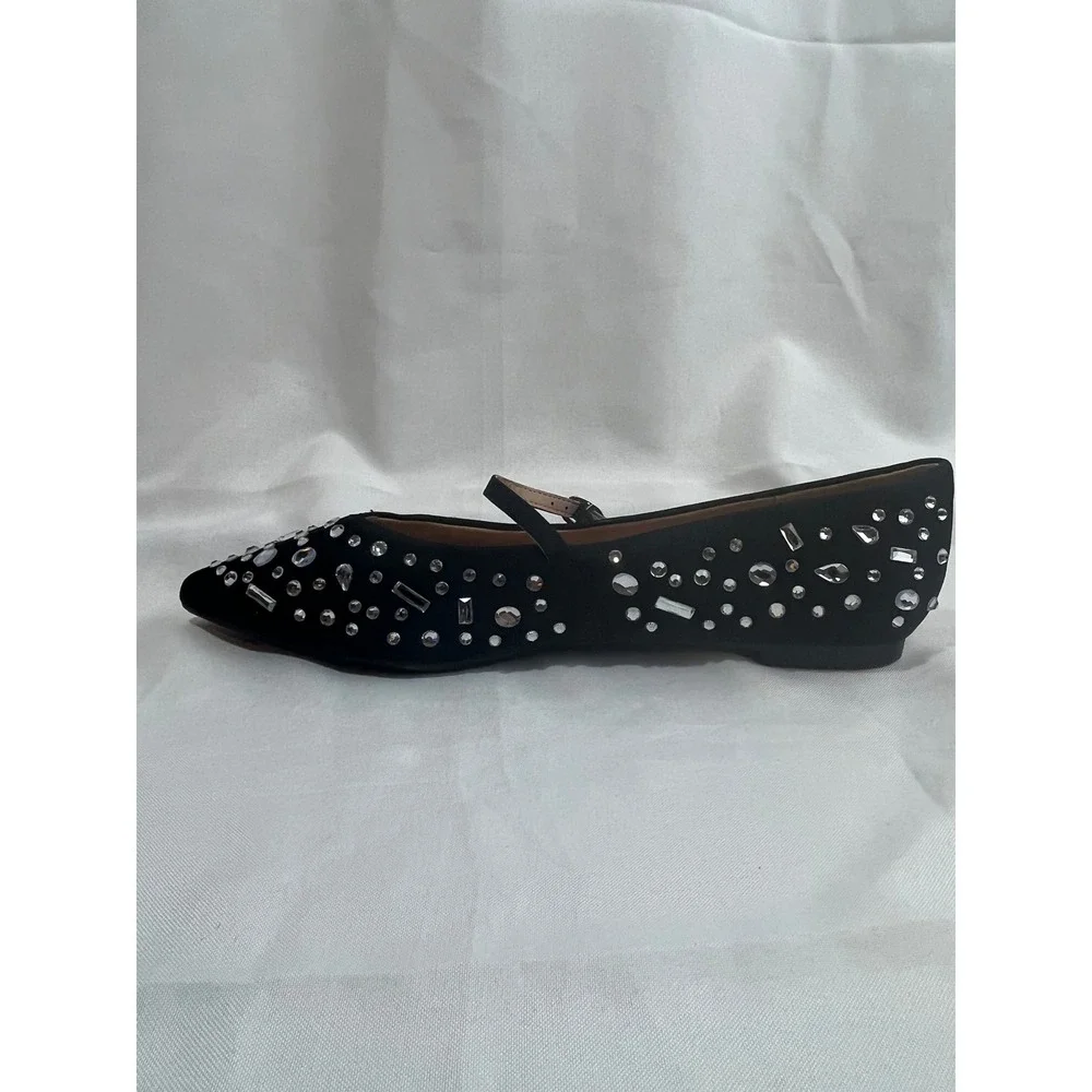 A New Day Women Black Rhinestone Crystal Mary Jane Pointed Toe Flats Size 11 NEW